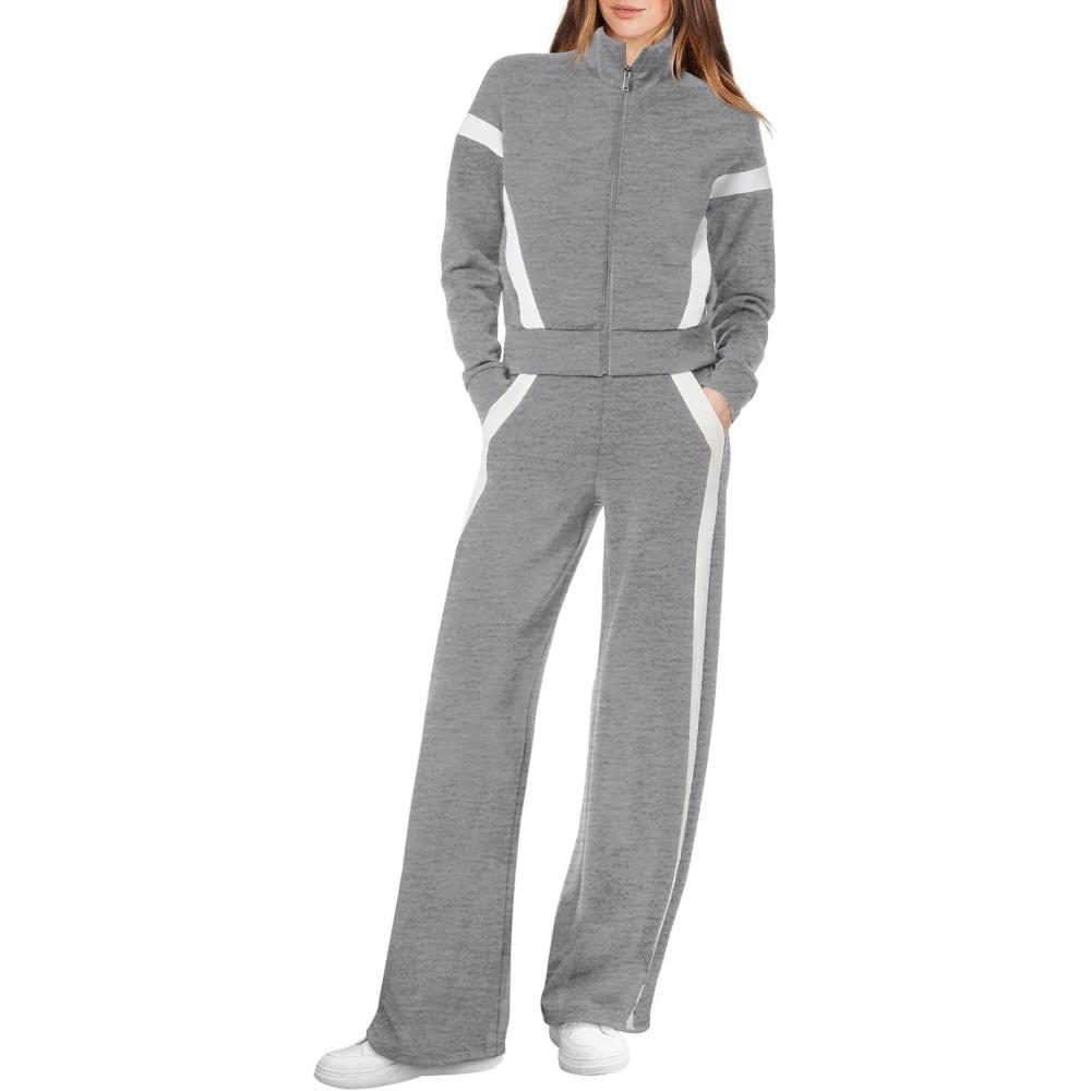 imageXIEERDUO Lounge Sets for Women 2025 Sweatsuit 2 Piece Outfits Sweatshirt Wide Leg Sweatpant Tracksuit Matching SetGreywhite