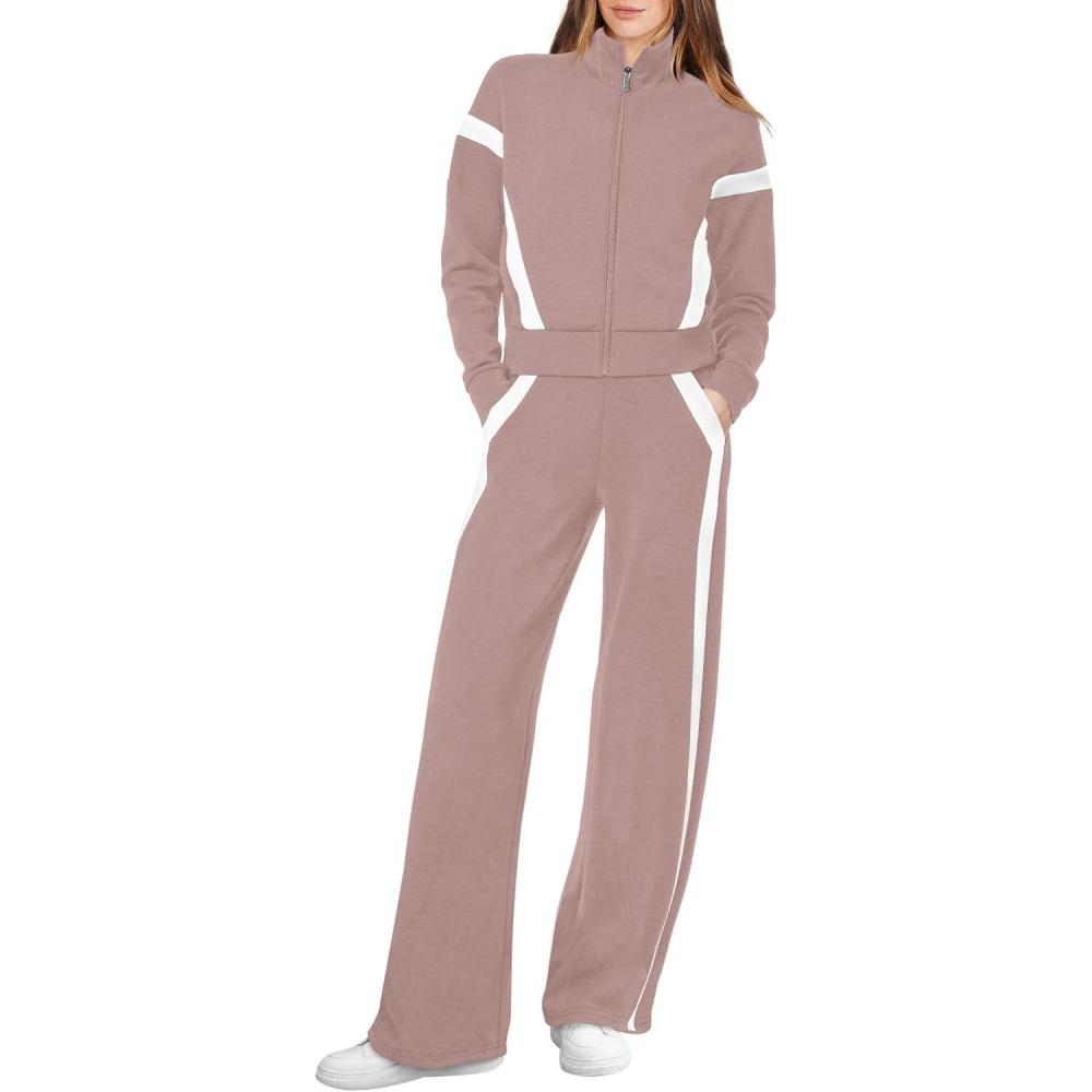imageXIEERDUO Lounge Sets for Women 2025 Sweatsuit 2 Piece Outfits Sweatshirt Wide Leg Sweatpant Tracksuit Matching SetPinkwhite