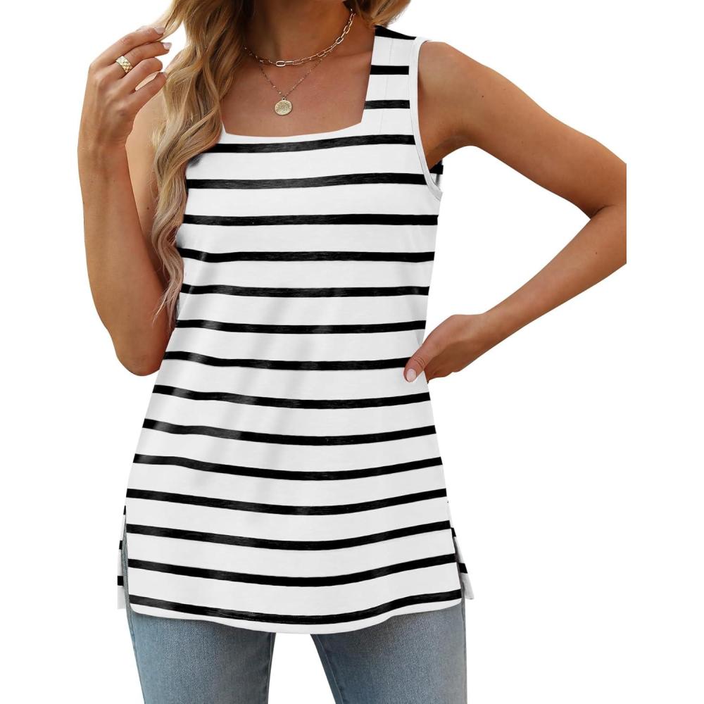 imageXIEERDUO Summer Tank Tops for Women Square Neck Loose Fit Casual Fashion Flowy Sleeveless01bblack Stripe