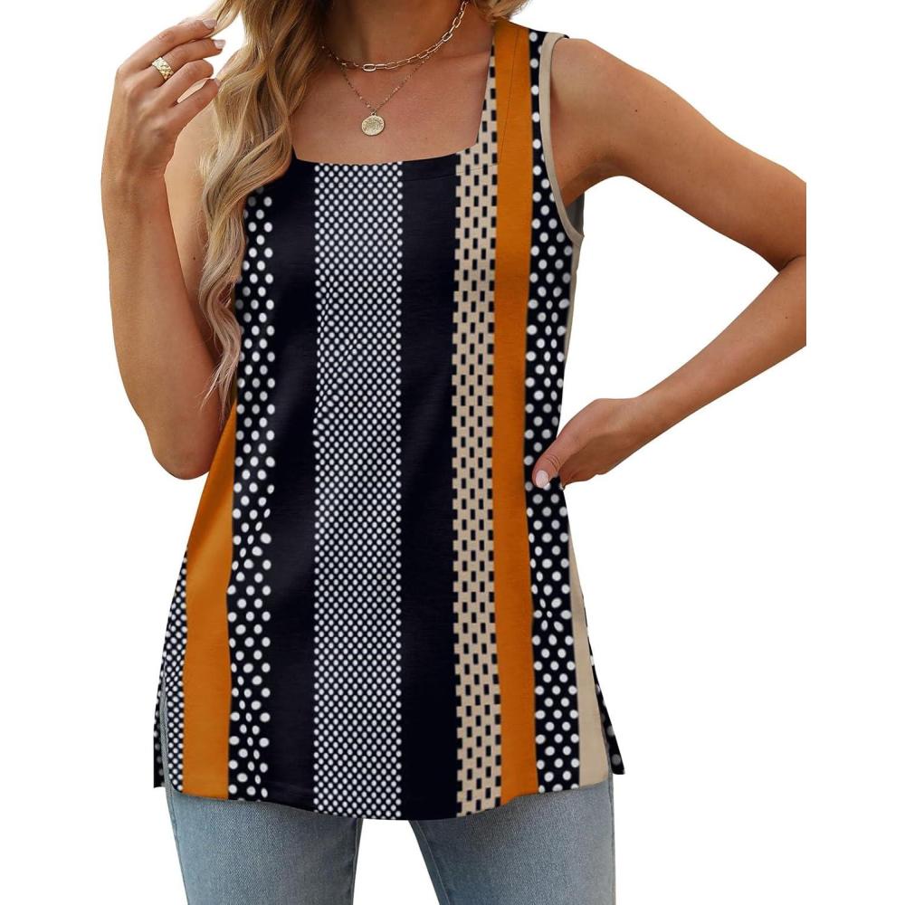 imageXIEERDUO Summer Tank Tops for Women Square Neck Loose Fit Casual Fashion Flowy Sleeveless01black Orange Multi