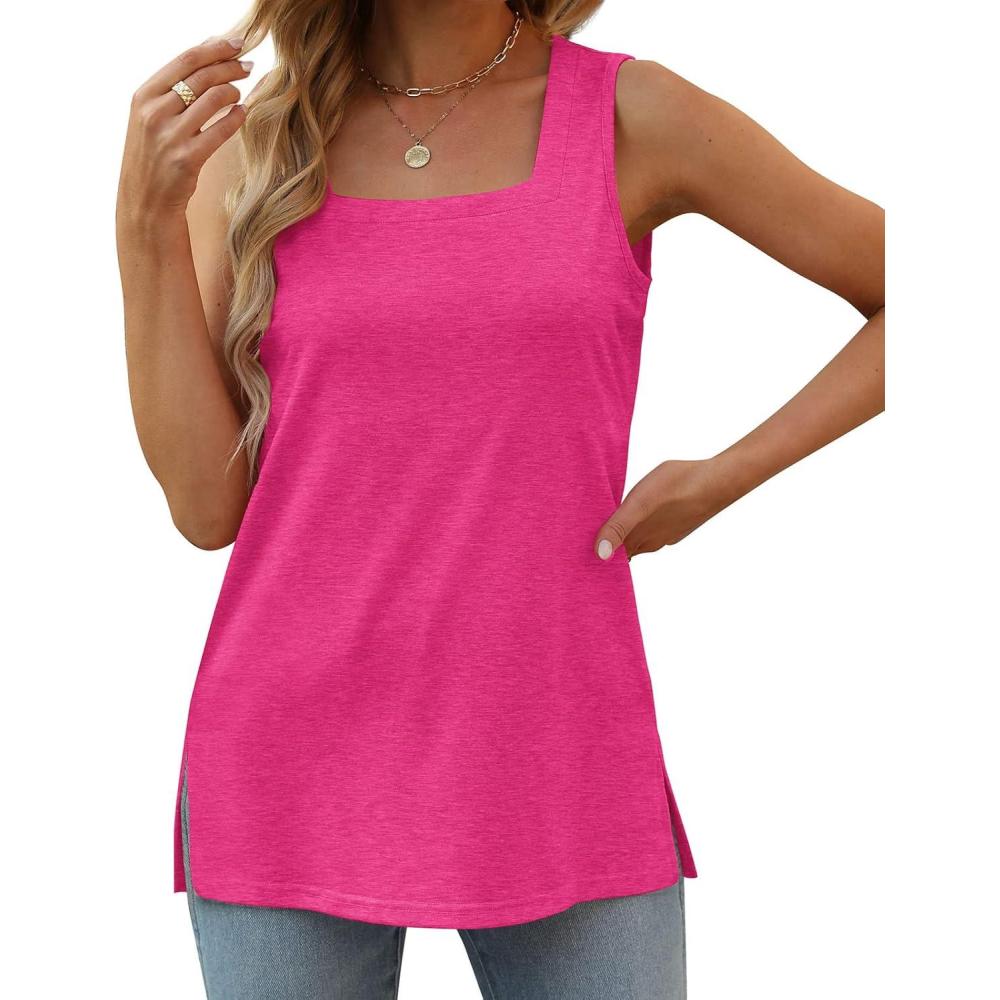 imageXIEERDUO Summer Tank Tops for Women Square Neck Loose Fit Casual Fashion Flowy Sleeveless02deep Pink