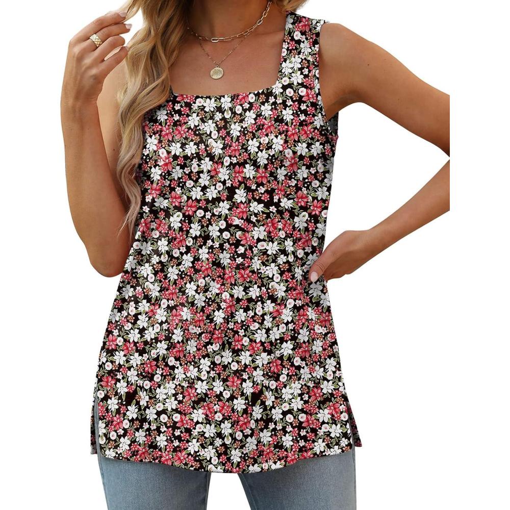 imageXIEERDUO Summer Tank Tops for Women Square Neck Loose Fit Casual Fashion Flowy Sleeveless03red White Flower
