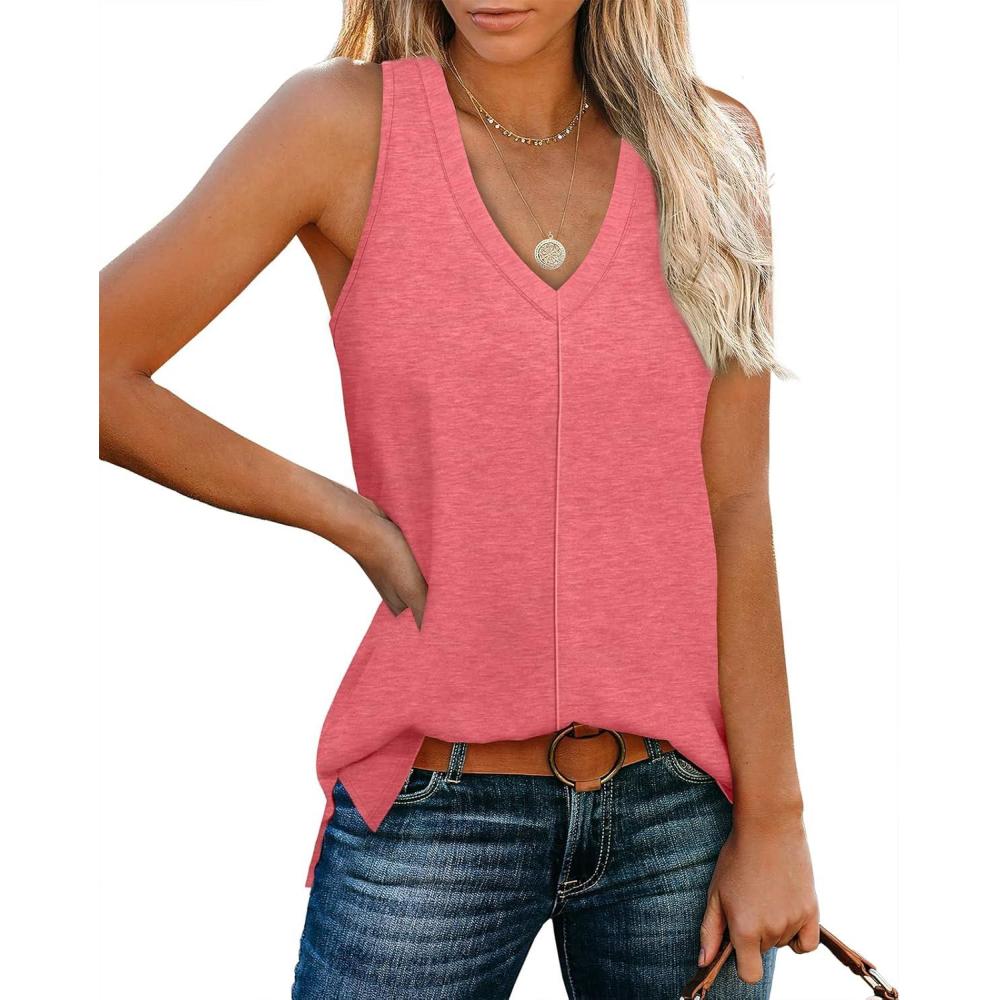 imageXIEERDUO Tank Tops for Women V Neck Summer Outfits Side Slit Sleeveless Shirts Loose Fit 2025 Fashion04 Dark Pink