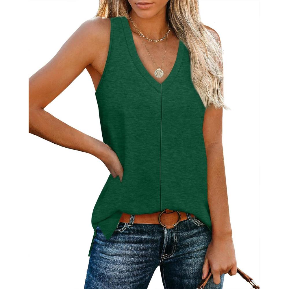 imageXIEERDUO Tank Tops for Women V Neck Summer Outfits Side Slit Sleeveless Shirts Loose Fit 2025 Fashion08 Dark Green