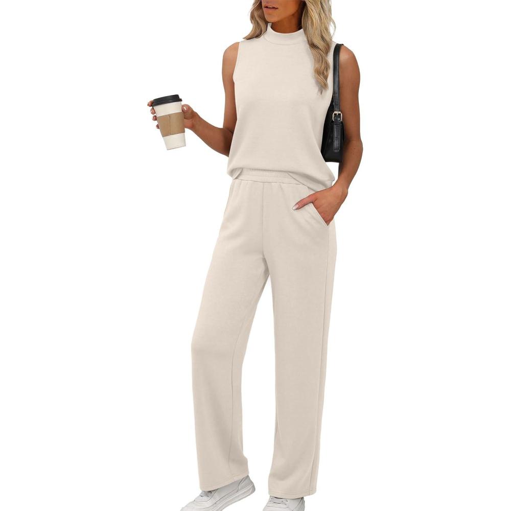 imageXIEERDUO Two Piece Sets for Women Summer Outfits Travel Mock Neck Lounge Sets Wide Leg Pants Beach Vacation ClothesBeige