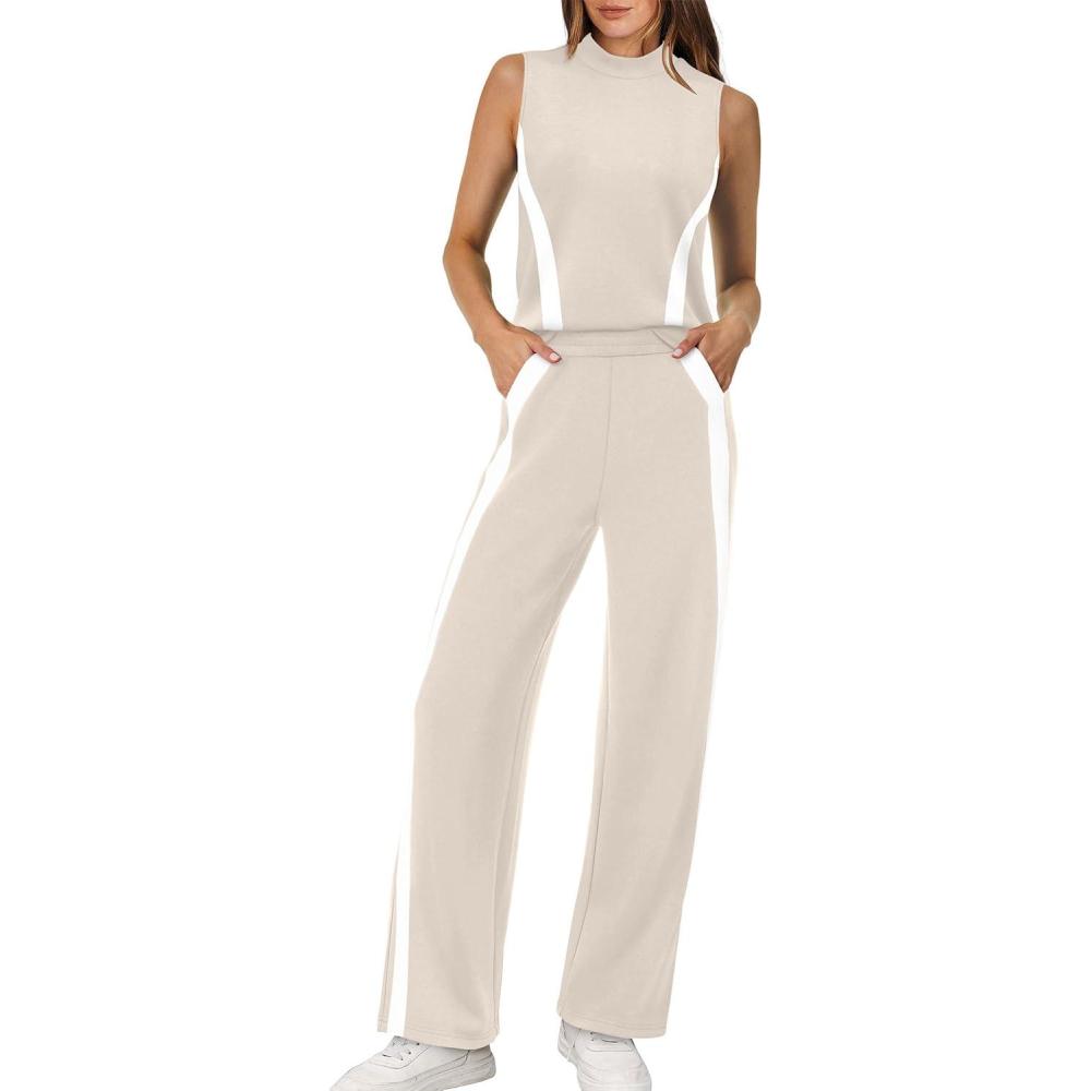 imageXIEERDUO Two Piece Sets for Women Summer Outfits Travel Mock Neck Lounge Sets Wide Leg Pants Beach Vacation ClothesBeigewhite