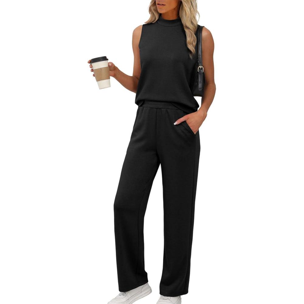 imageXIEERDUO Two Piece Sets for Women Summer Outfits Travel Mock Neck Lounge Sets Wide Leg Pants Beach Vacation ClothesBlack