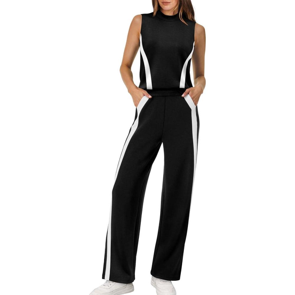 imageXIEERDUO Two Piece Sets for Women Summer Outfits Travel Mock Neck Lounge Sets Wide Leg Pants Beach Vacation ClothesBlackwhite