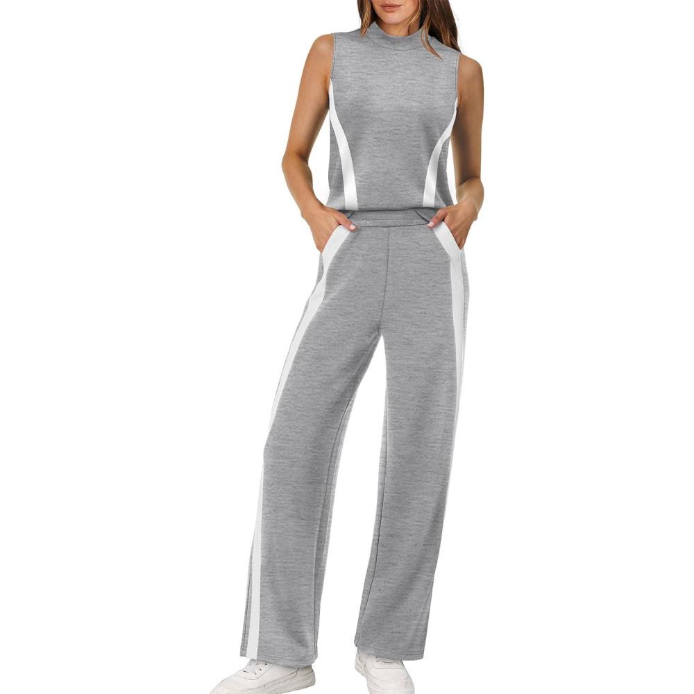 imageXIEERDUO Two Piece Sets for Women Summer Outfits Travel Mock Neck Lounge Sets Wide Leg Pants Beach Vacation ClothesGreywhite