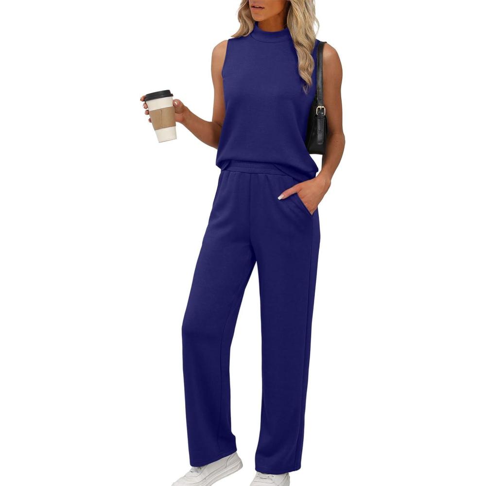 imageXIEERDUO Two Piece Sets for Women Summer Outfits Travel Mock Neck Lounge Sets Wide Leg Pants Beach Vacation ClothesNavy Blue