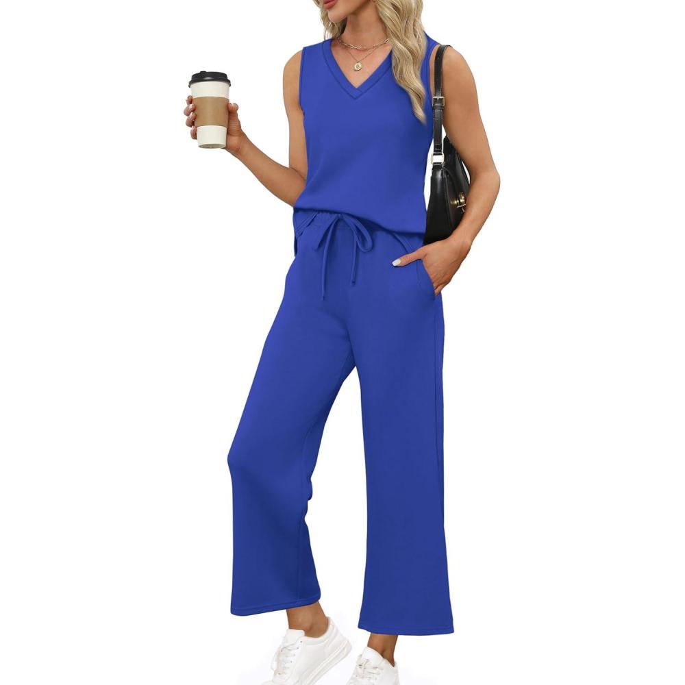 imageXIEERDUO Two Piece Sets for Women Summer Vacation Travel Outfits V Neck Lounge Matching SetsBlue