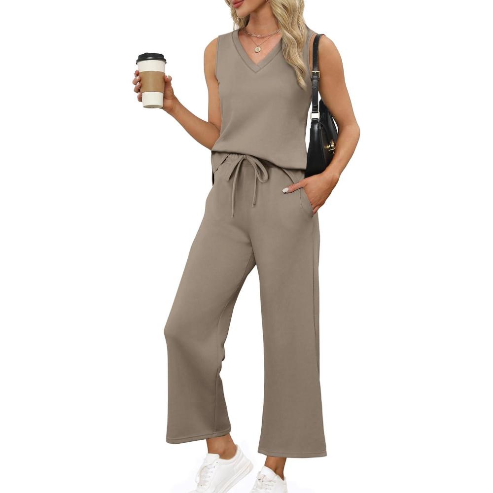 imageXIEERDUO Two Piece Sets for Women Summer Vacation Travel Outfits V Neck Lounge Matching SetsBrown