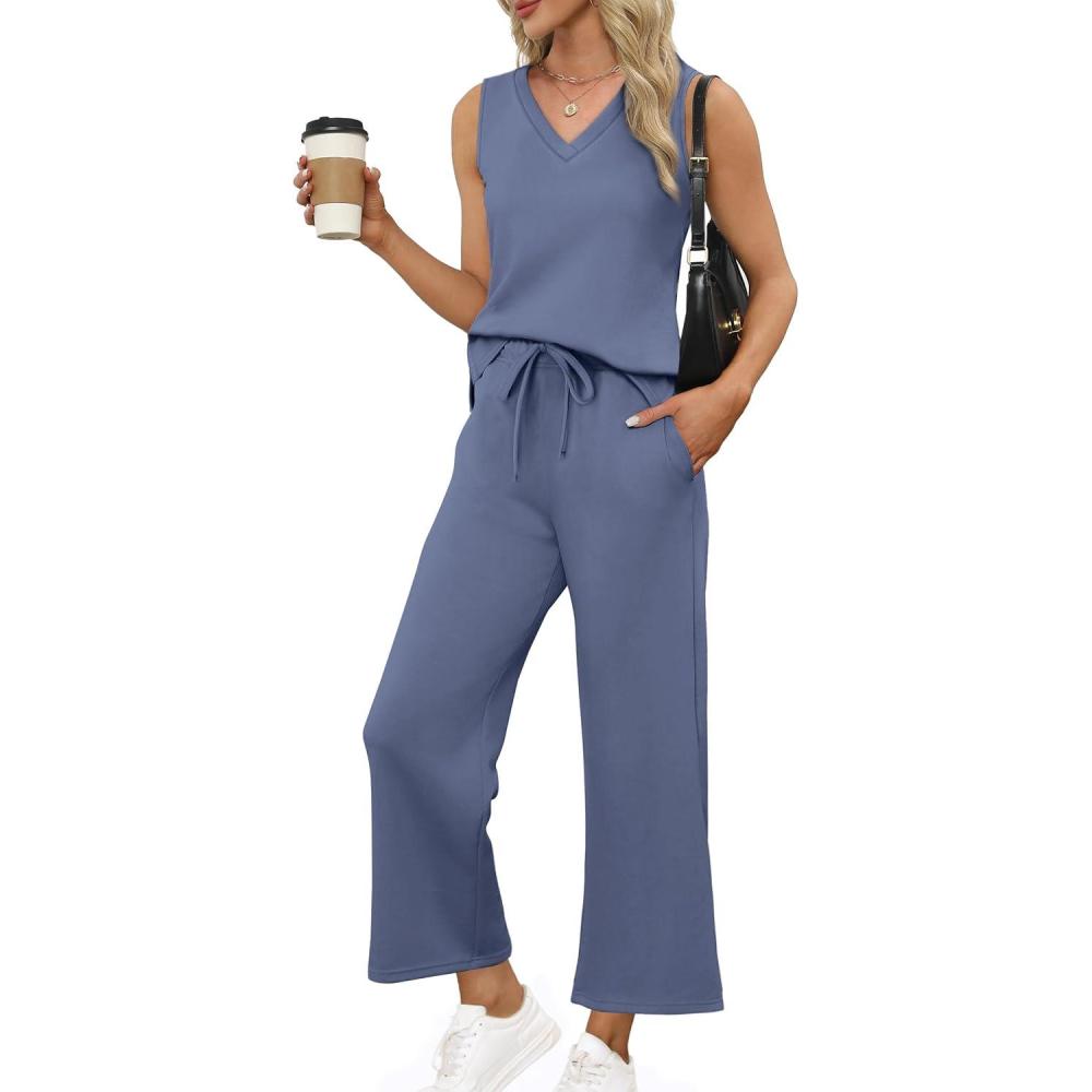 imageXIEERDUO Two Piece Sets for Women Summer Vacation Travel Outfits V Neck Lounge Matching SetsDusty Blue