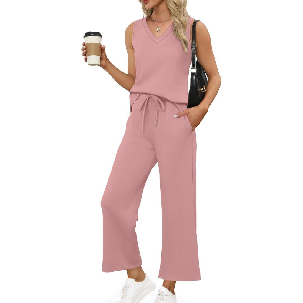 imageXIEERDUO Two Piece Sets for Women Summer Vacation Travel Outfits V Neck Lounge Matching SetsPink