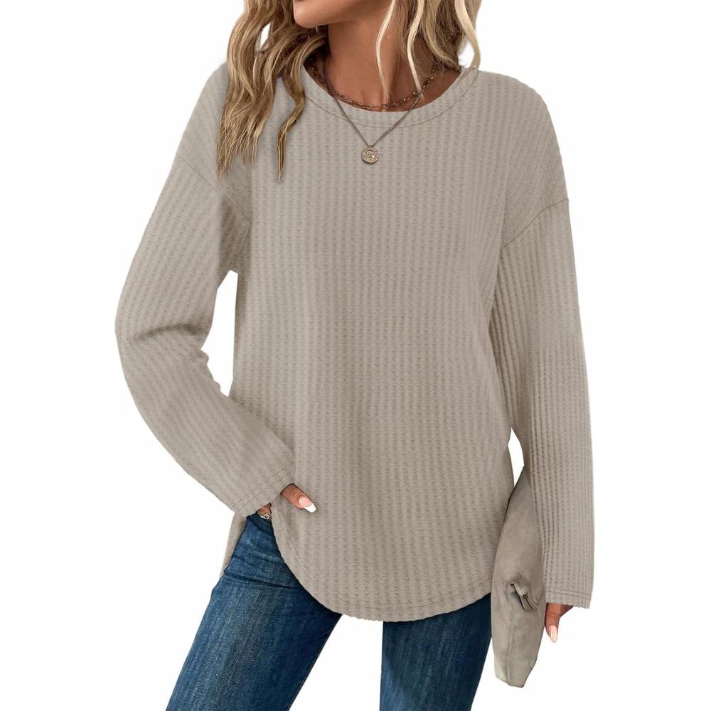 imageXIEERDUO Women Tunic Tops Dressy Casual Long Sleeve Shirts Fall Trendy Waffle Knit Crewneck Curved Hem Fashion Clothing 2025Akhaki