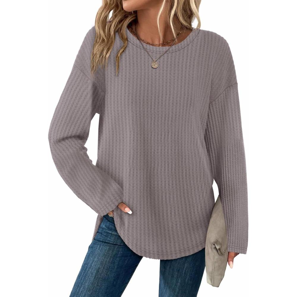 imageXIEERDUO Women Tunic Tops Dressy Casual Long Sleeve Shirts Fall Trendy Waffle Knit Crewneck Curved Hem Fashion Clothing 2025Bcoffee