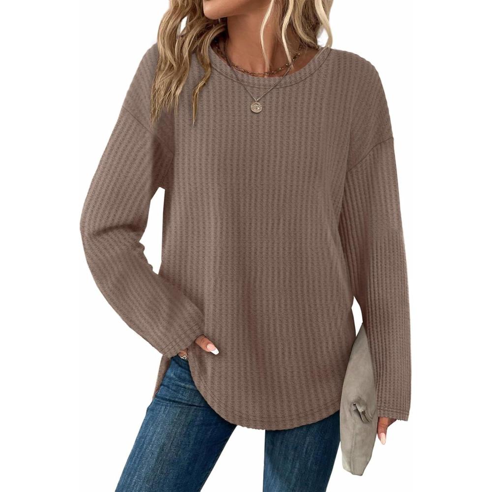 imageXIEERDUO Women Tunic Tops Dressy Casual Long Sleeve Shirts Fall Trendy Waffle Knit Crewneck Curved Hem Fashion Clothing 2025Ccaramel