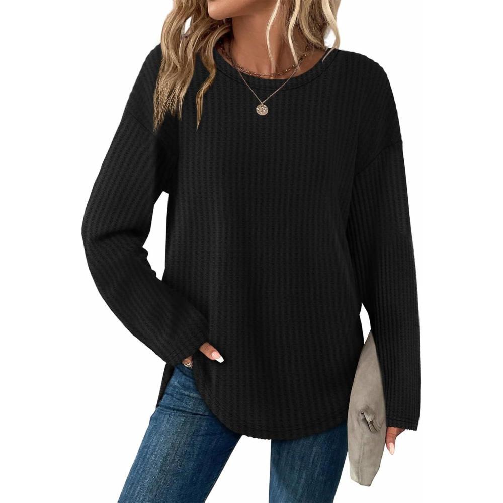 imageXIEERDUO Women Tunic Tops Dressy Casual Long Sleeve Shirts Fall Trendy Waffle Knit Crewneck Curved Hem Fashion Clothing 2025Dblack
