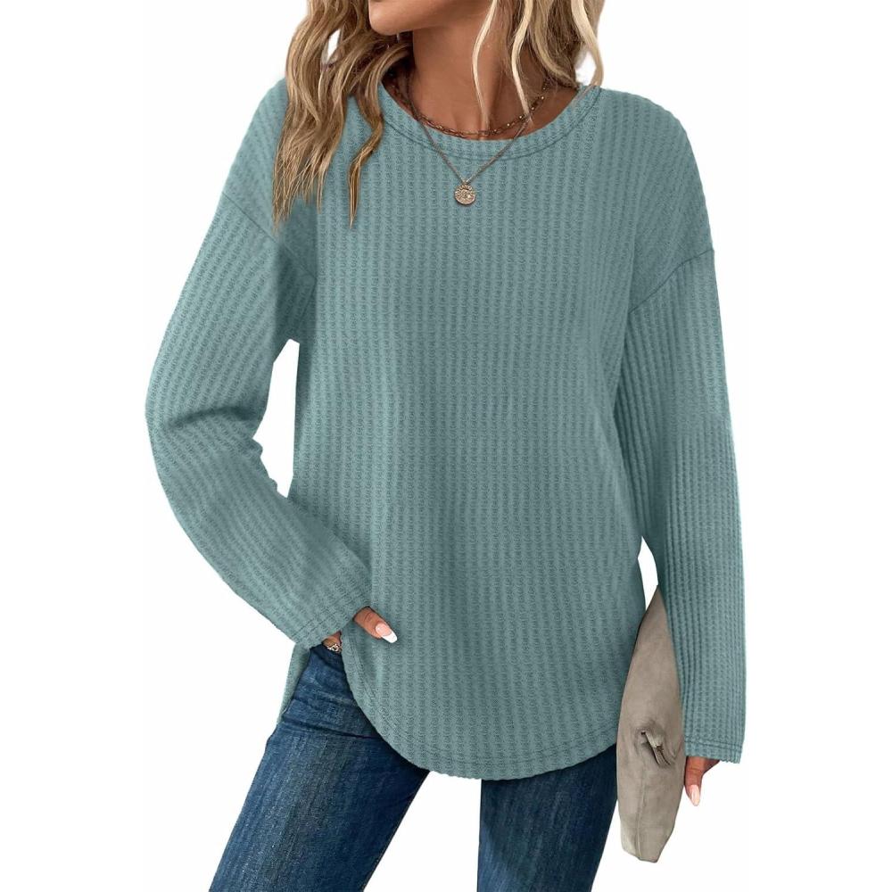 imageXIEERDUO Women Tunic Tops Dressy Casual Long Sleeve Shirts Fall Trendy Waffle Knit Crewneck Curved Hem Fashion Clothing 2025Eblue Green