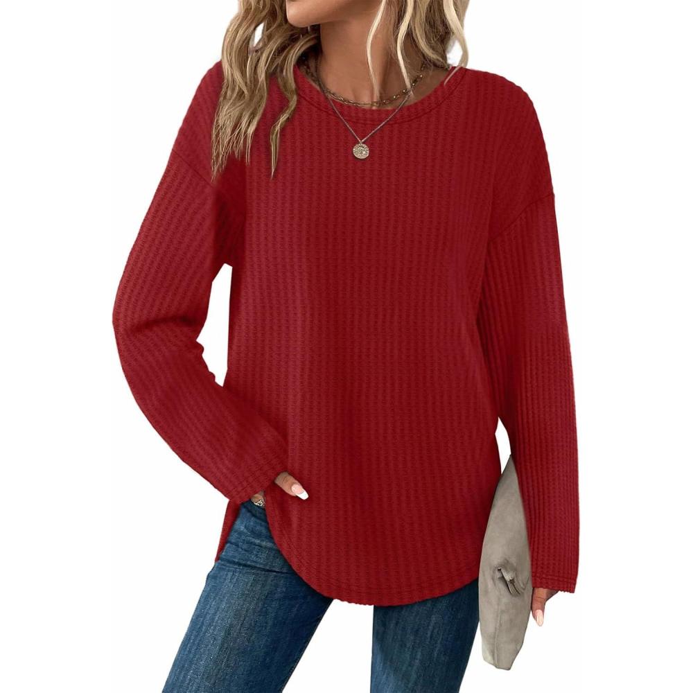 imageXIEERDUO Women Tunic Tops Dressy Casual Long Sleeve Shirts Fall Trendy Waffle Knit Crewneck Curved Hem Fashion Clothing 2025Gburgundy