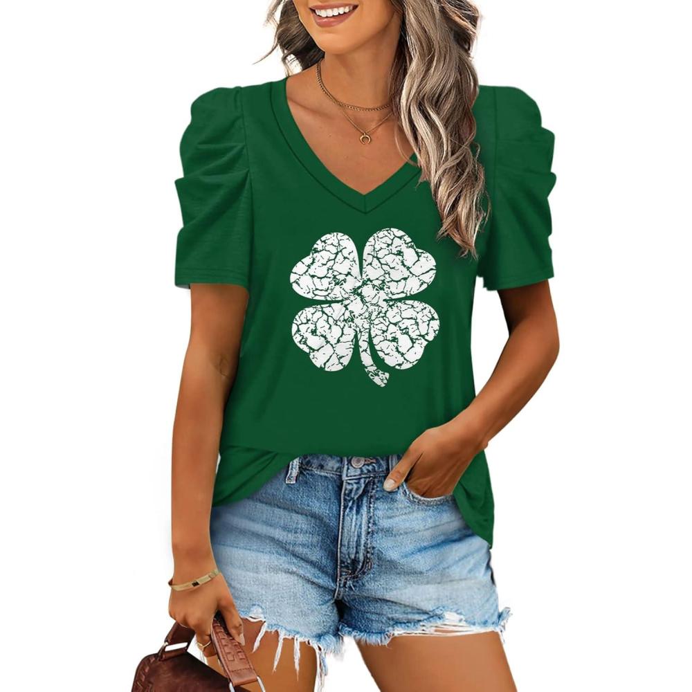 imageXIEERDUO Womens Summer Shirt V Neck Casual Tshirts Puff Sleeve Tops for Women Solid Color XS3XL00clover