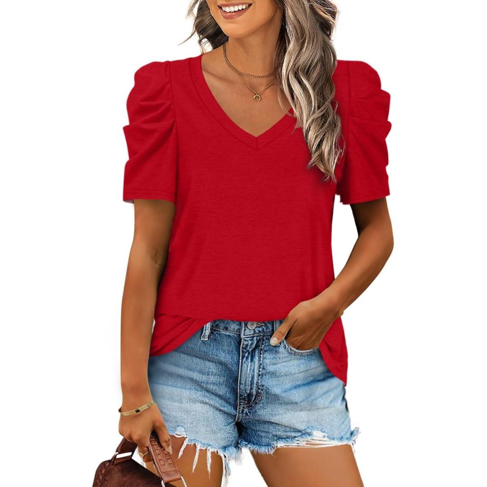 imageXIEERDUO Womens Summer Shirt V Neck Casual Tshirts Puff Sleeve Tops for Women Solid Color XS3XL12red