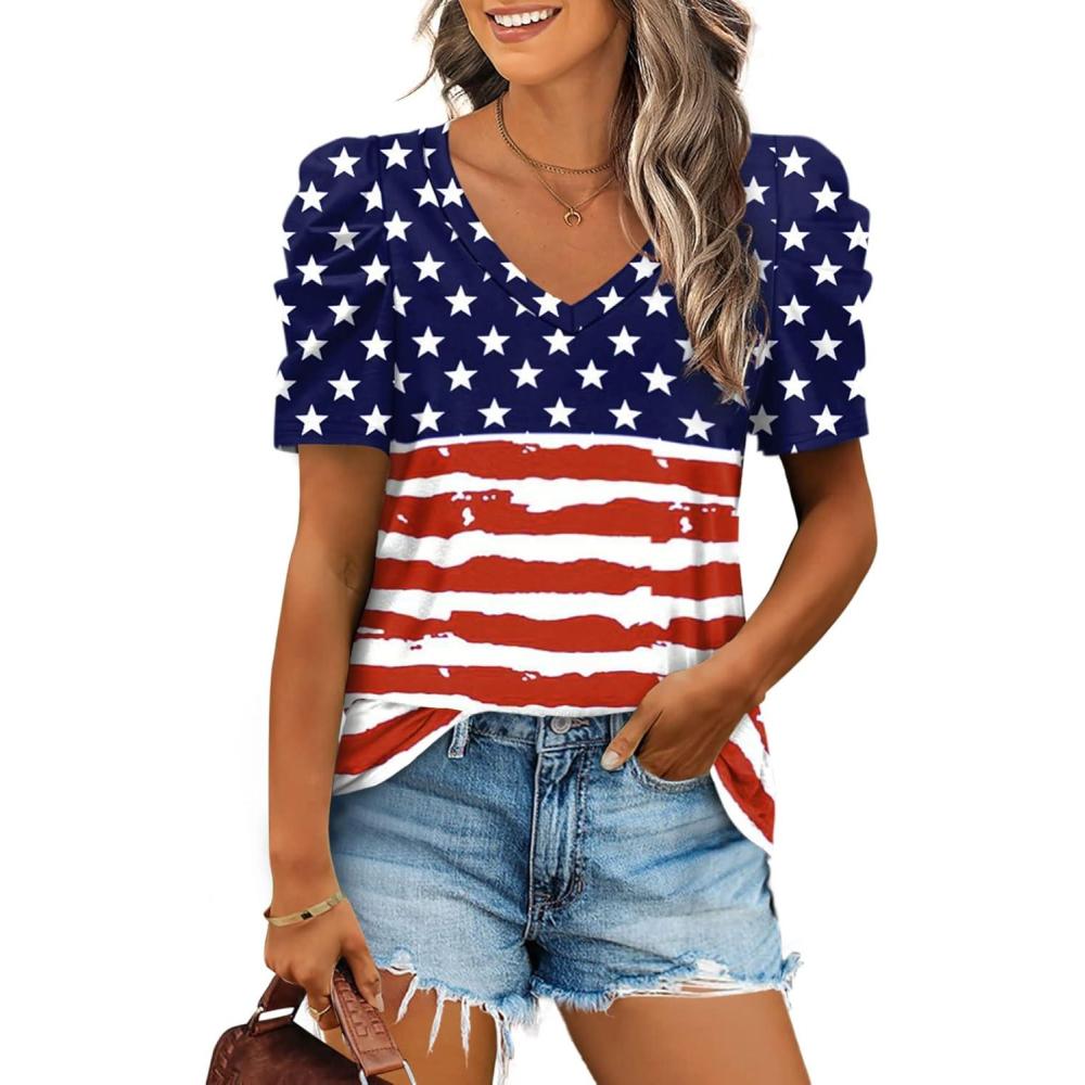 imageXIEERDUO Womens Summer Shirt V Neck Casual Tshirts Puff Sleeve Tops for Women Solid Color XS3XL14aflag B