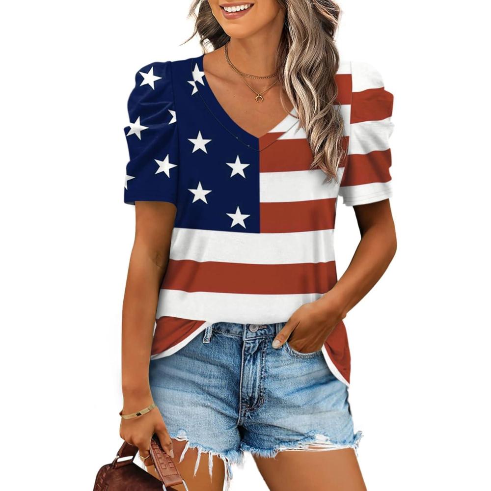 imageXIEERDUO Womens Summer Shirt V Neck Casual Tshirts Puff Sleeve Tops for Women Solid Color XS3XL14aflag a