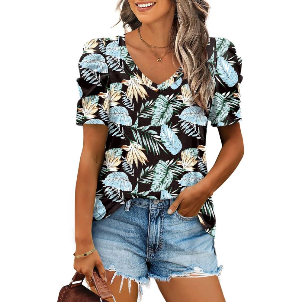 imageXIEERDUO Womens Summer Shirt V Neck Casual Tshirts Puff Sleeve Tops for Women Solid Color XS3XL19black Leaves
