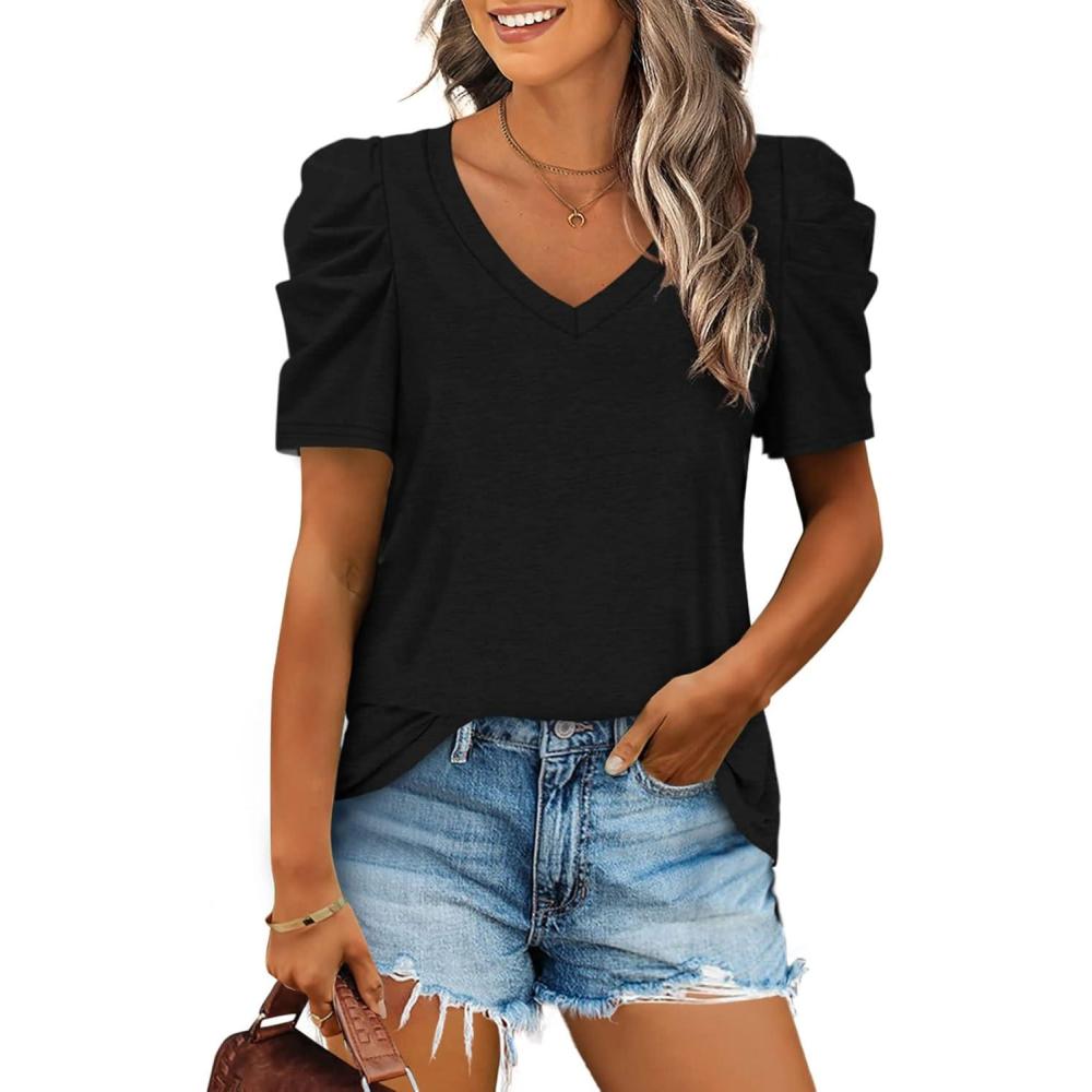 imageXIEERDUO Womens Summer Shirt V Neck Casual Tshirts Puff Sleeve Tops for Women Solid Color XS3XLBlack