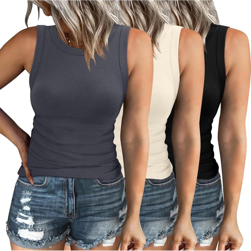 imageXIEERDUO Womens Summer Tank Tops Racerback High Neck Basic Casual Slim Fit Sleeveless 3 Pack013 Pack Black Beige Grey