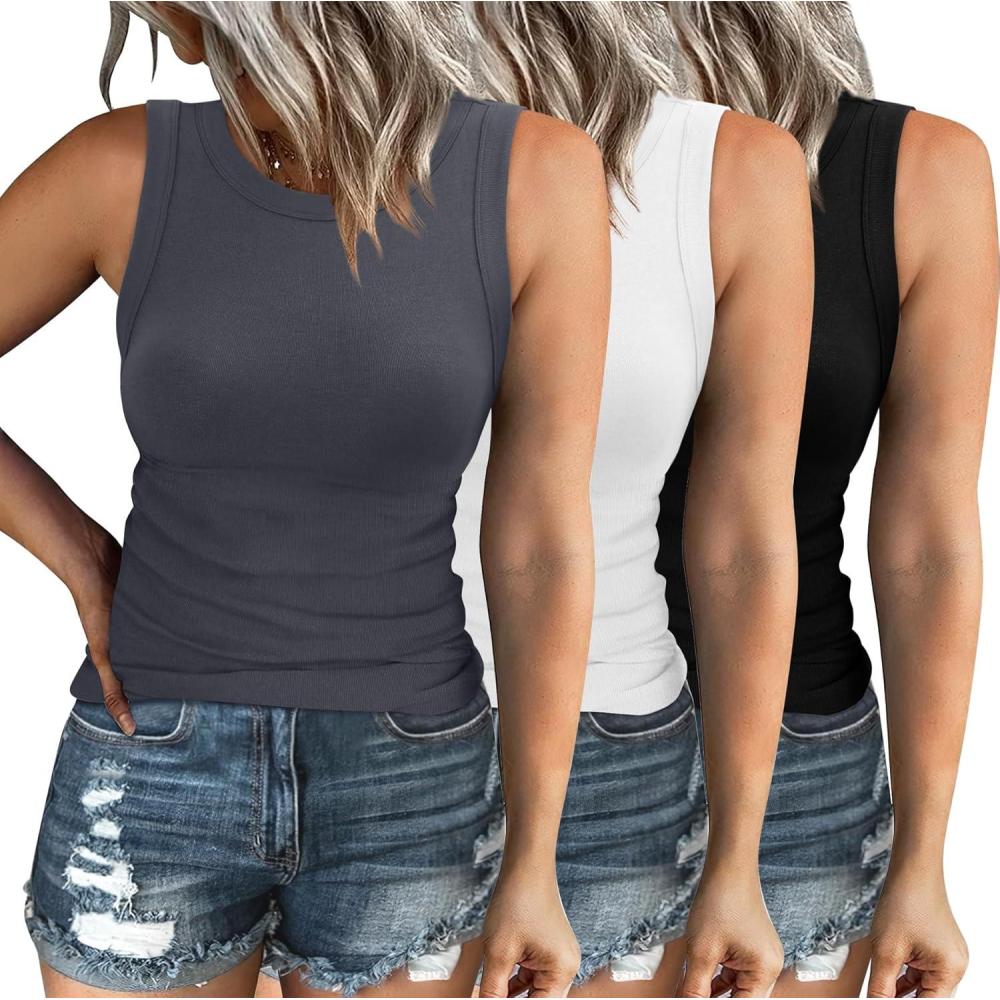 imageXIEERDUO Womens Summer Tank Tops Racerback High Neck Basic Casual Slim Fit Sleeveless 3 Pack033 Pack Black White Grey