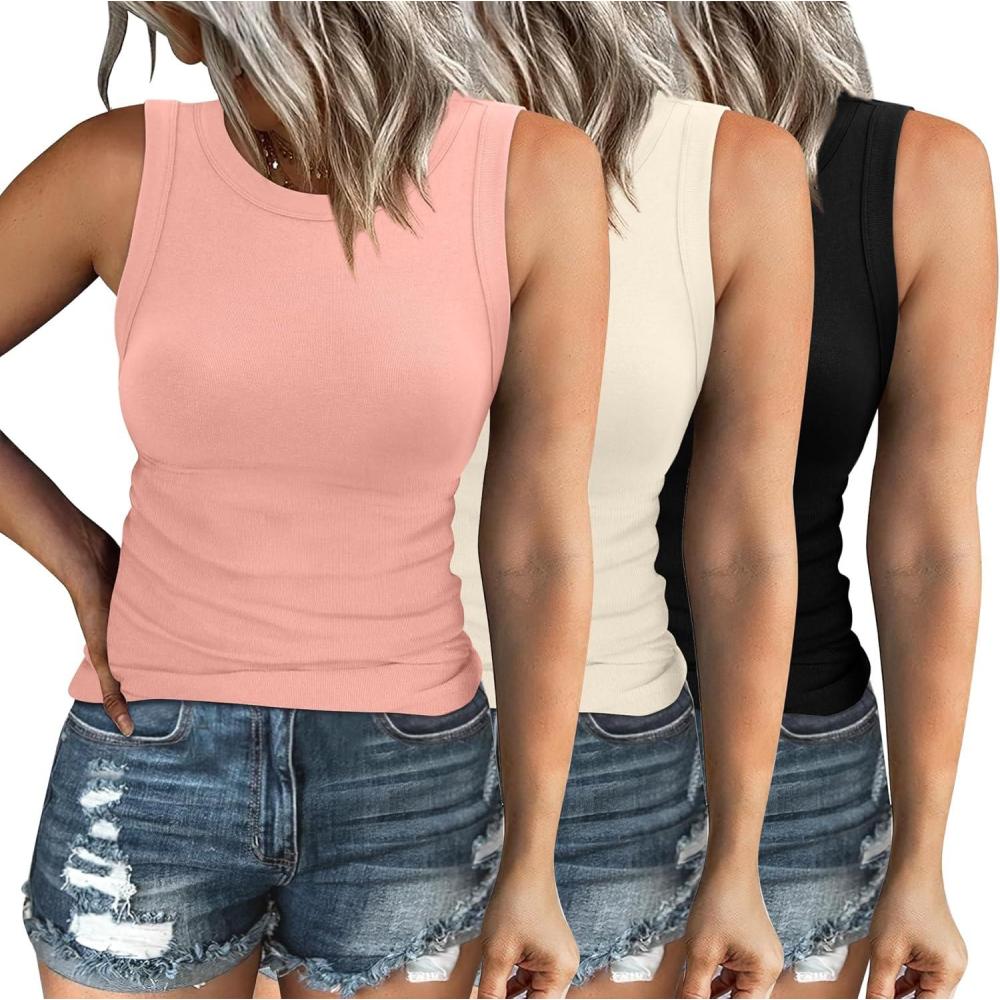 imageXIEERDUO Womens Summer Tank Tops Racerback High Neck Basic Casual Slim Fit Sleeveless 3 Pack053 Pack Black Beige Pink