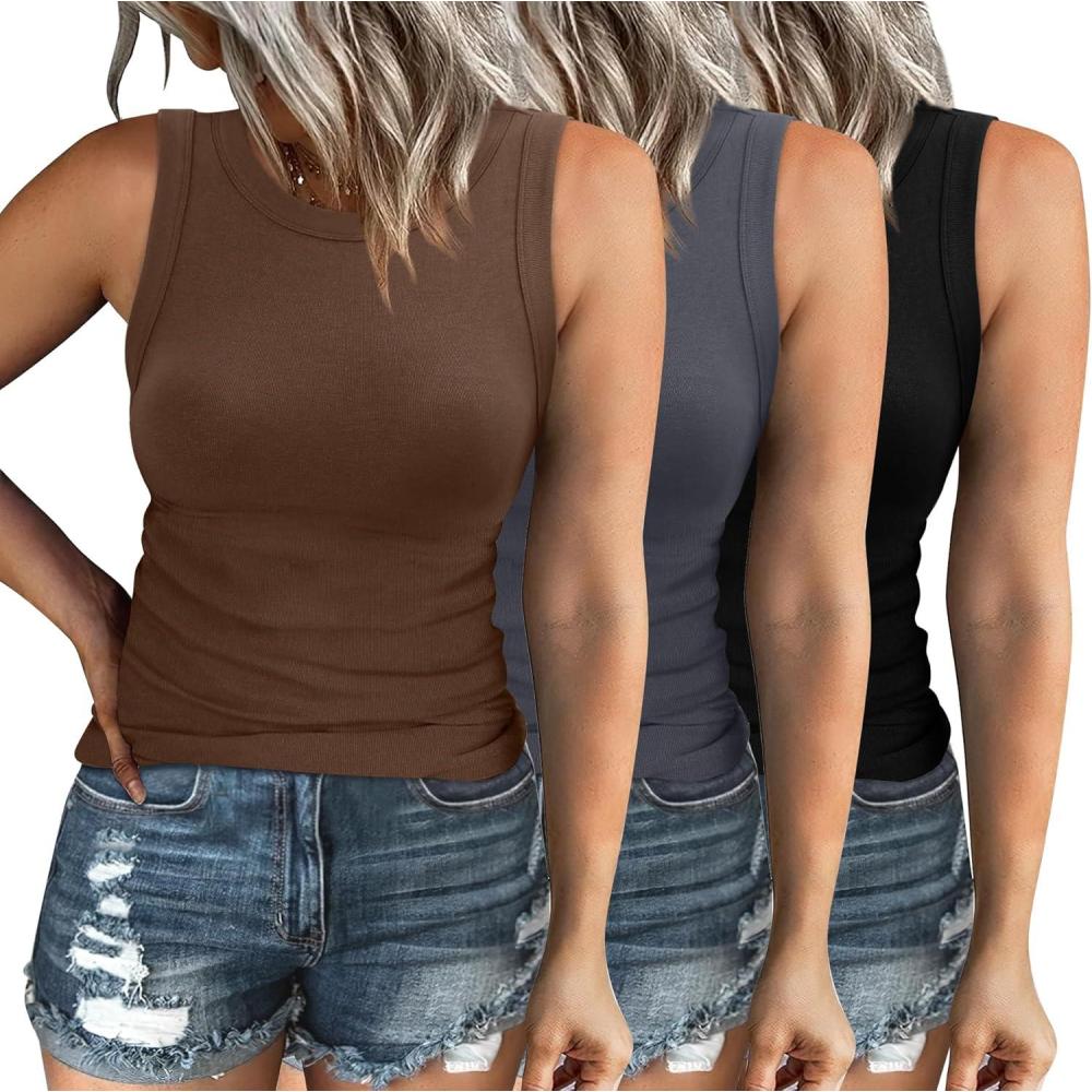 imageXIEERDUO Womens Summer Tank Tops Racerback High Neck Basic Casual Slim Fit Sleeveless 3 Pack053 Pack Black Brown Grey