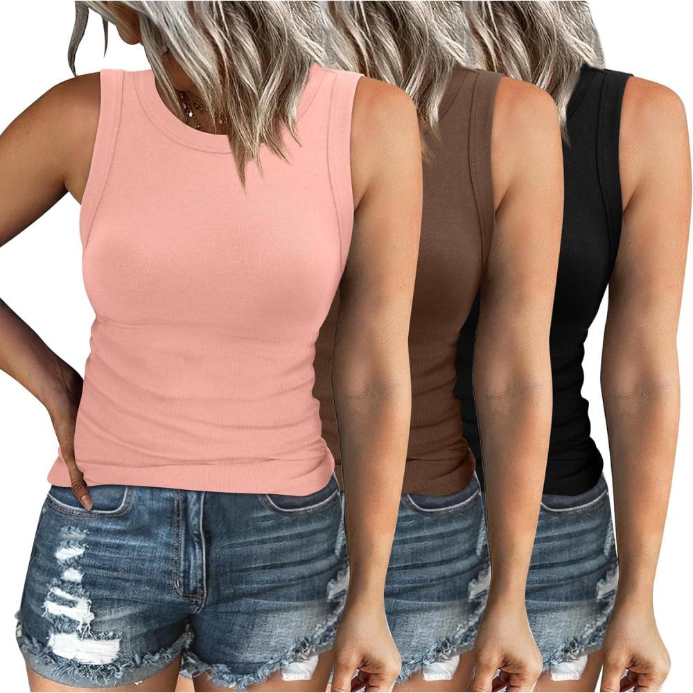 imageXIEERDUO Womens Summer Tank Tops Racerback High Neck Basic Casual Slim Fit Sleeveless 3 Pack053 Pack Black Brown Pink