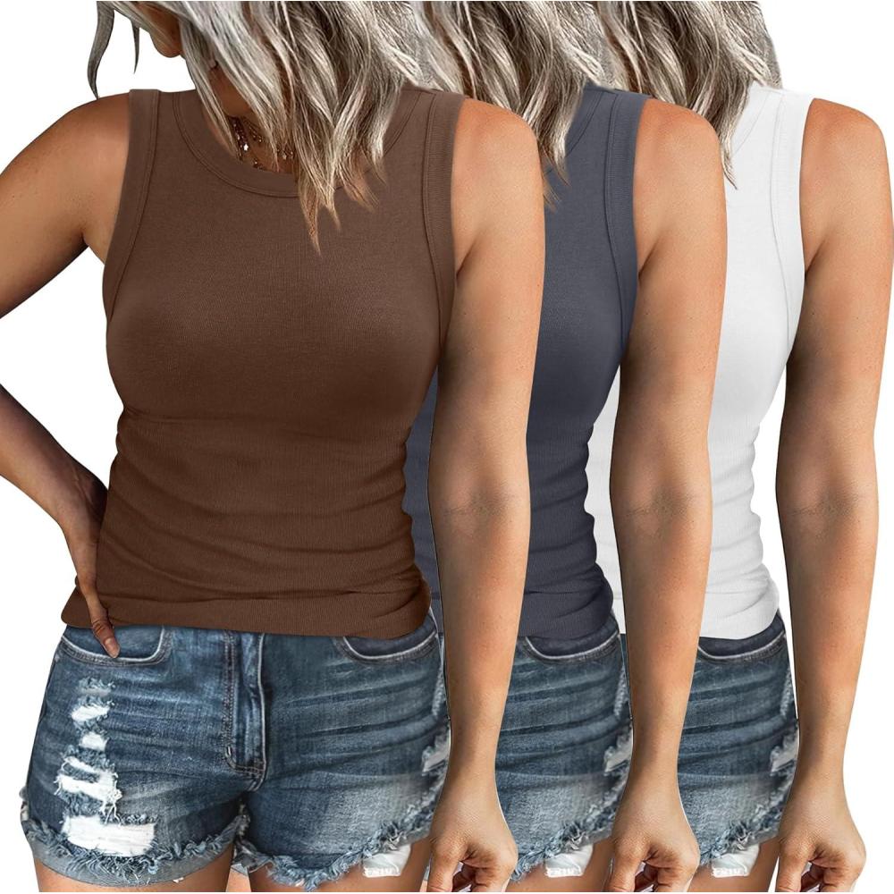 imageXIEERDUO Womens Summer Tank Tops Racerback High Neck Basic Casual Slim Fit Sleeveless 3 Pack053 Pack White Brown Grey