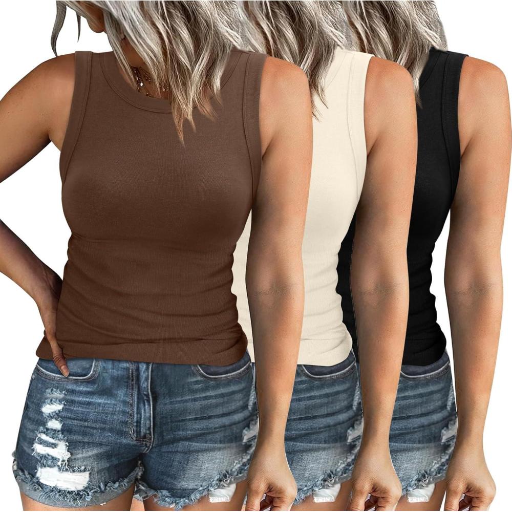 imageXIEERDUO Womens Summer Tank Tops Racerback High Neck Basic Casual Slim Fit Sleeveless 3 Pack063 Pack Black Beige Brown