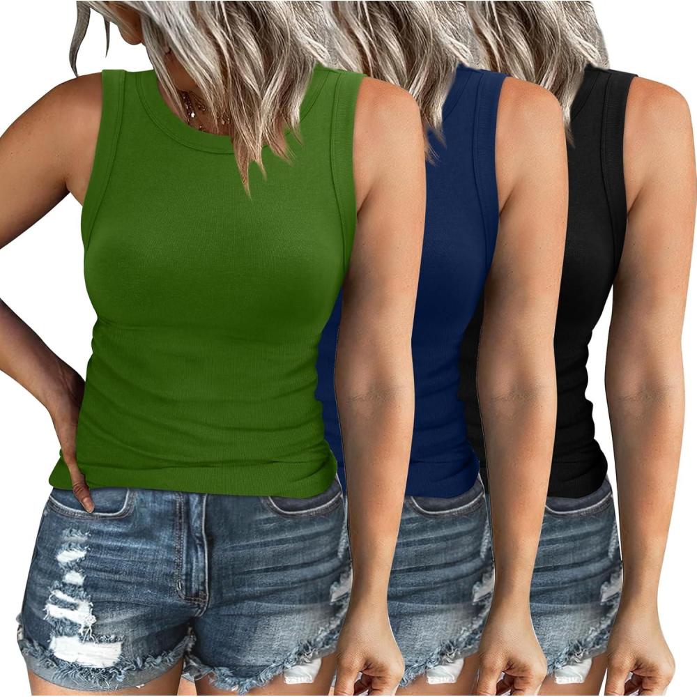 imageXIEERDUO Womens Summer Tank Tops Racerback High Neck Basic Casual Slim Fit Sleeveless 3 Pack063 Pack Black Blue Green