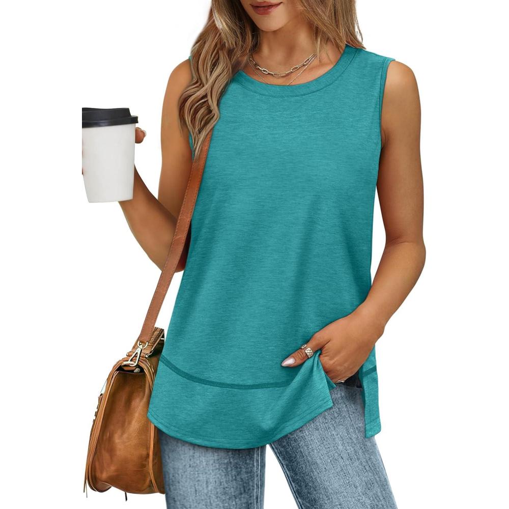 imageXIEERDUO Womens Summer Tank Tops Sleeveless Round Neck Casual Side Hem Tops Loose FitB Turquoise