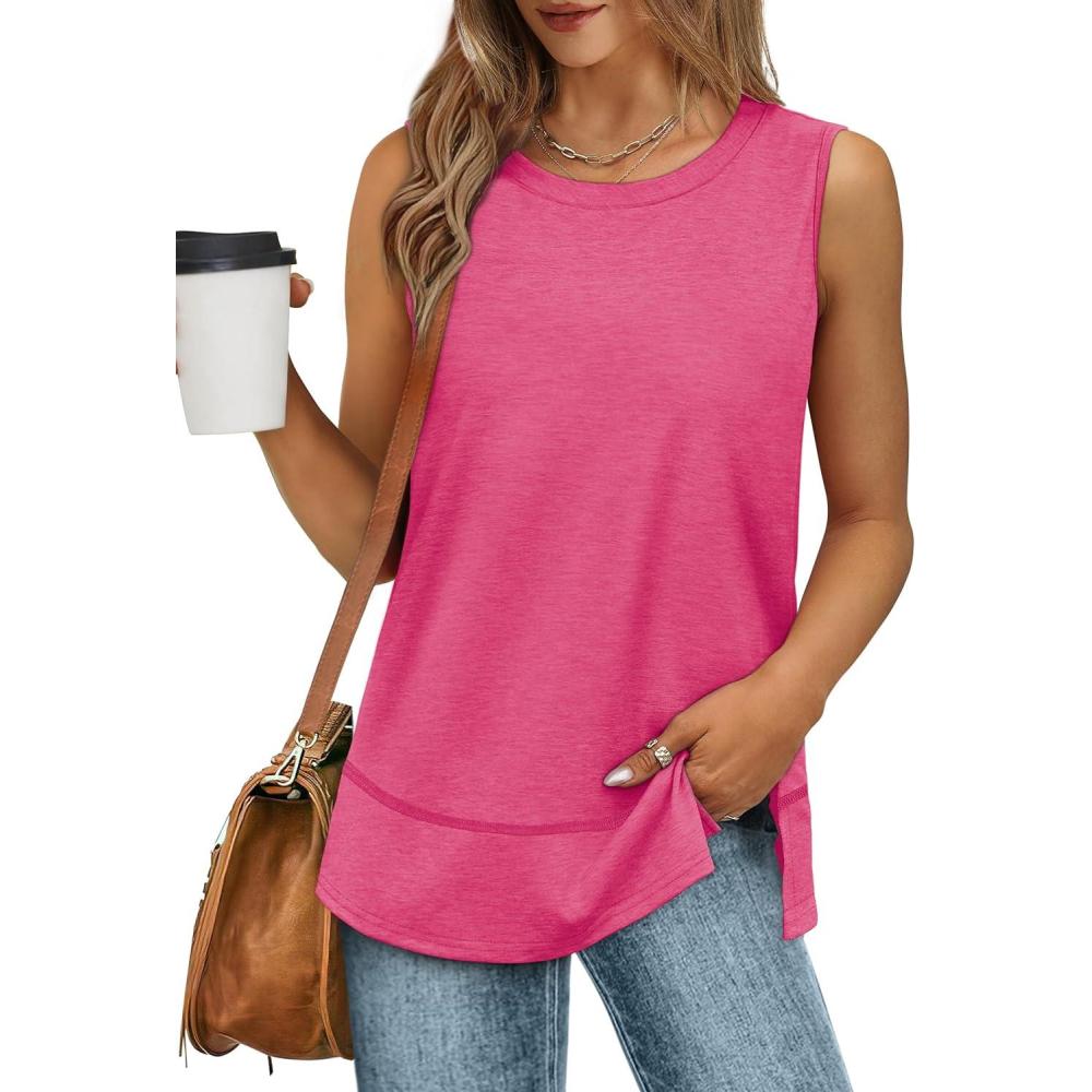 imageXIEERDUO Womens Summer Tank Tops Sleeveless Round Neck Casual Side Hem Tops Loose FitHot Pink