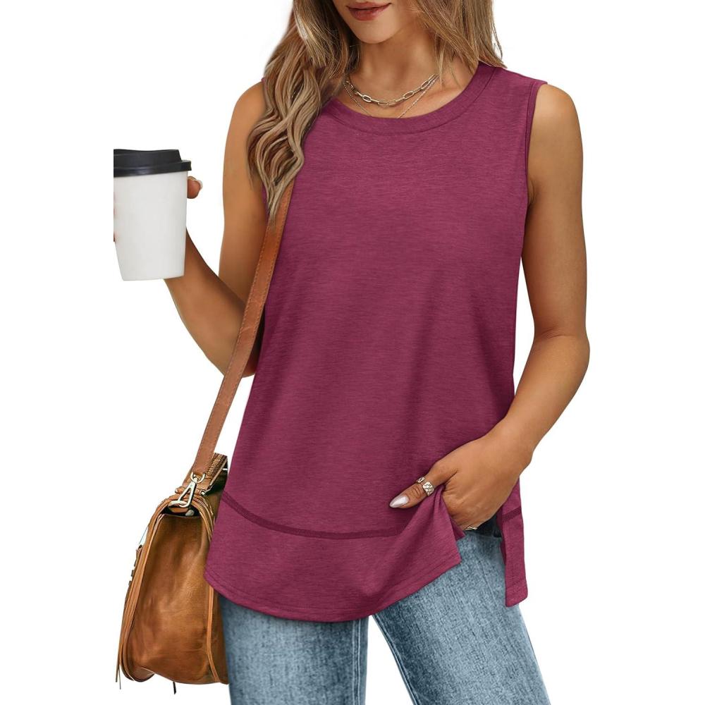 imageXIEERDUO Womens Summer Tank Tops Sleeveless Round Neck Casual Side Hem Tops Loose FitMauve