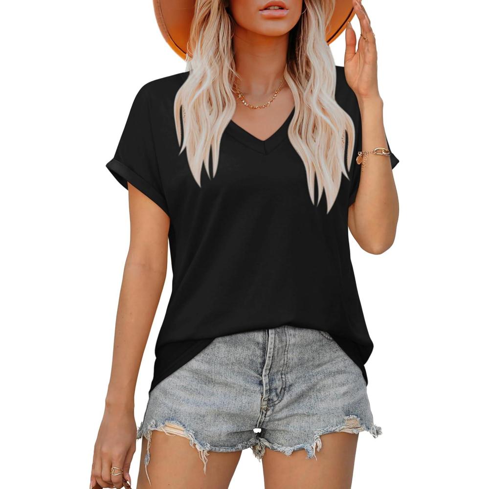 imageXIEERDUO Womens Summer Tops Short Sleeve Shirts Casual V Neck T Shirt Loose Fit ComfyBlack