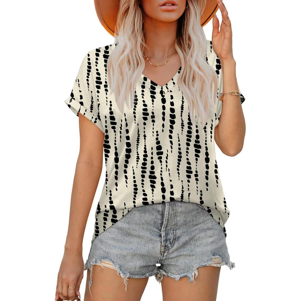 imageXIEERDUO Womens Summer Tops Short Sleeve Shirts Casual V Neck T Shirt Loose Fit ComfyBlack Dot