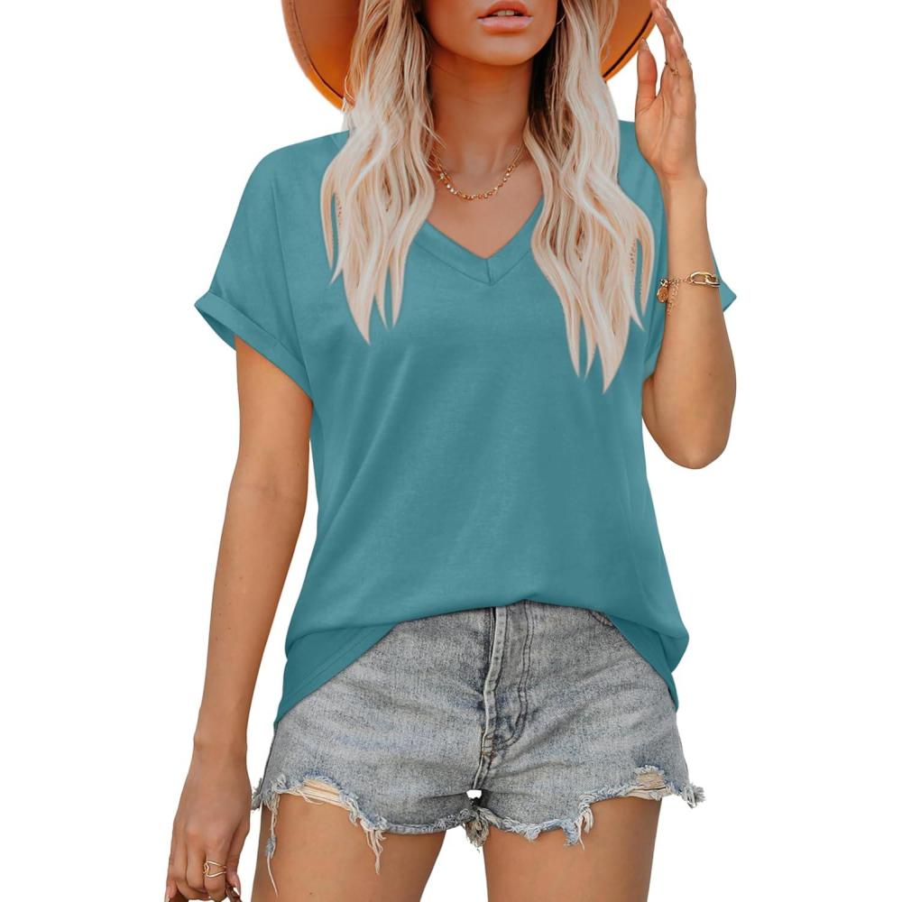 imageXIEERDUO Womens Summer Tops Short Sleeve Shirts Casual V Neck T Shirt Loose Fit ComfyBlue