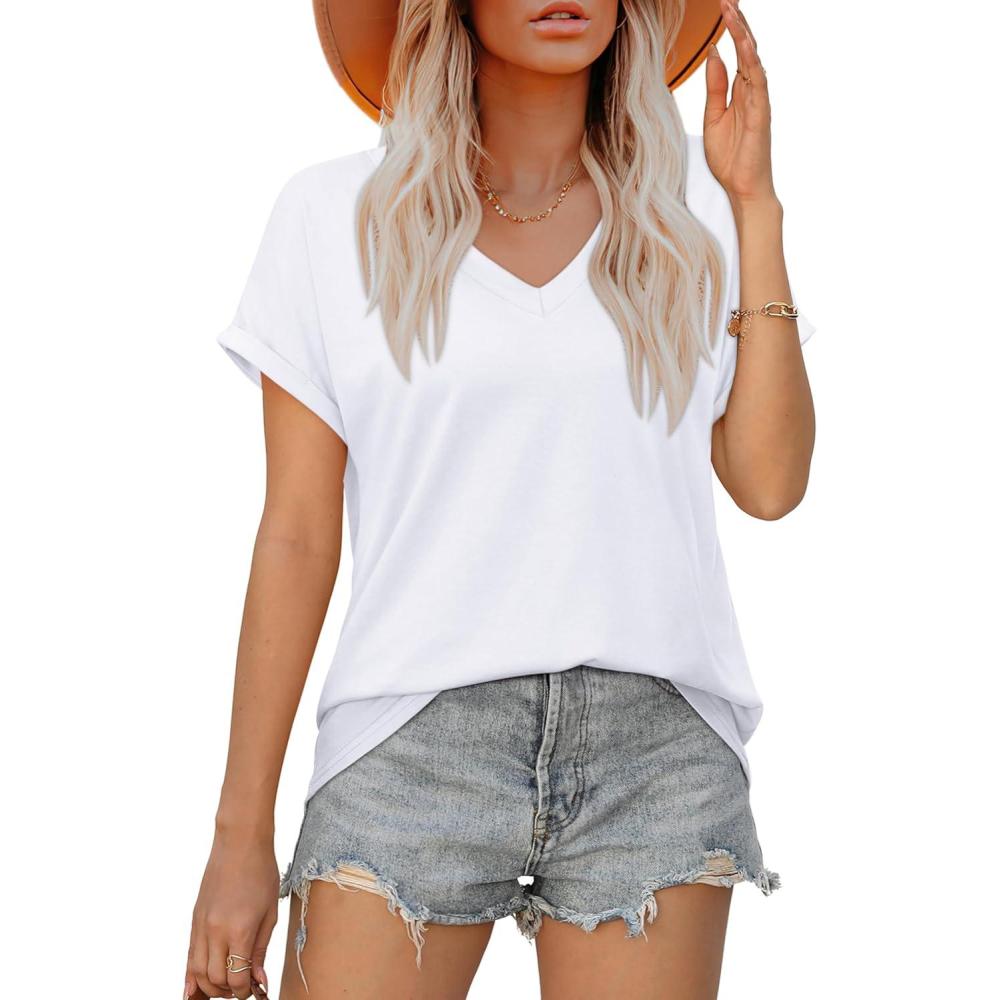 imageXIEERDUO Womens Summer Tops Short Sleeve Shirts Casual V Neck T Shirt Loose Fit ComfyBwhite