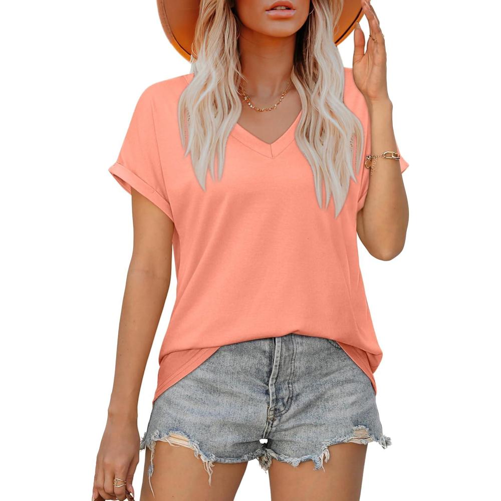 imageXIEERDUO Womens Summer Tops Short Sleeve Shirts Casual V Neck T Shirt Loose Fit ComfyCoral