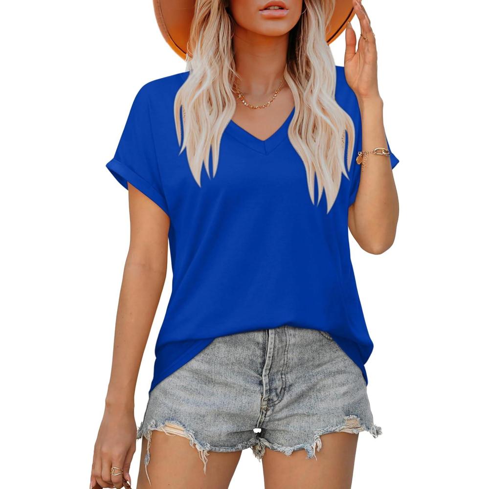 imageXIEERDUO Womens Summer Tops Short Sleeve Shirts Casual V Neck T Shirt Loose Fit ComfyCroyal Blue