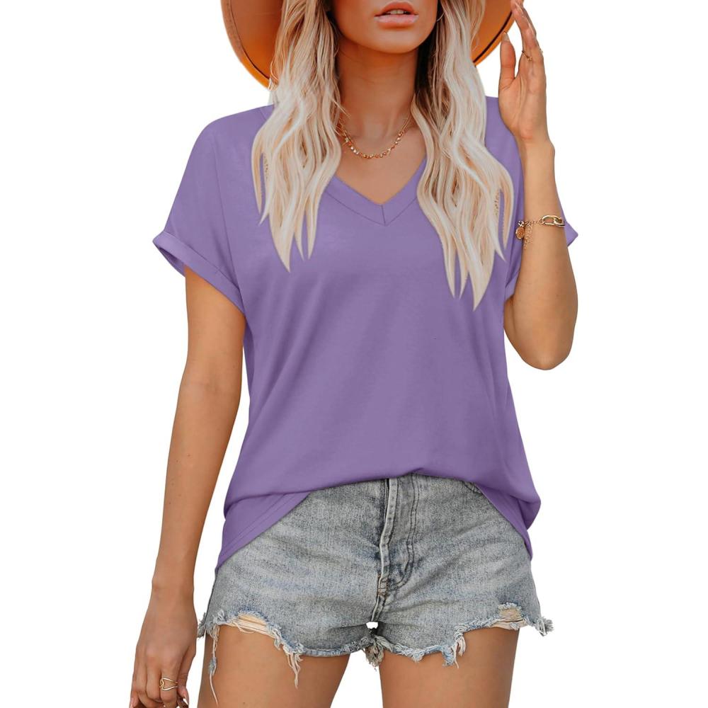 imageXIEERDUO Womens Summer Tops Short Sleeve Shirts Casual V Neck T Shirt Loose Fit ComfyCrpurple