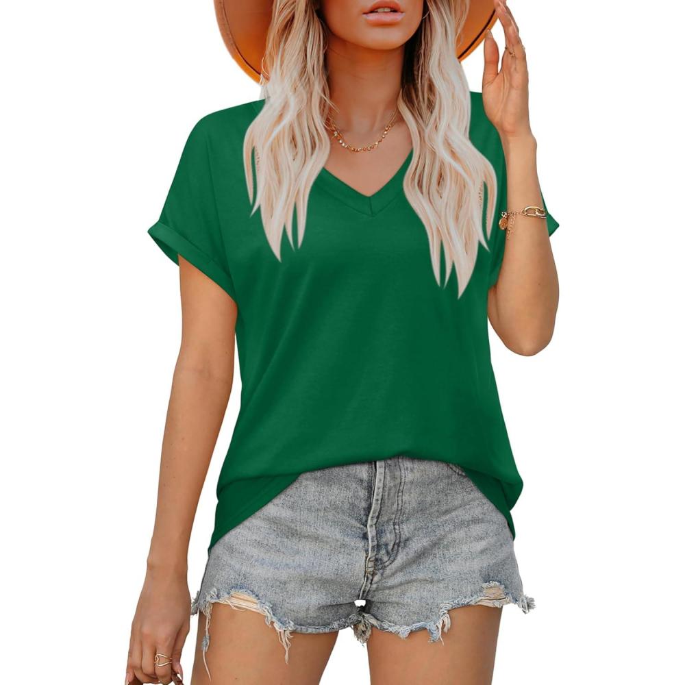 imageXIEERDUO Womens Summer Tops Short Sleeve Shirts Casual V Neck T Shirt Loose Fit ComfyDark Green