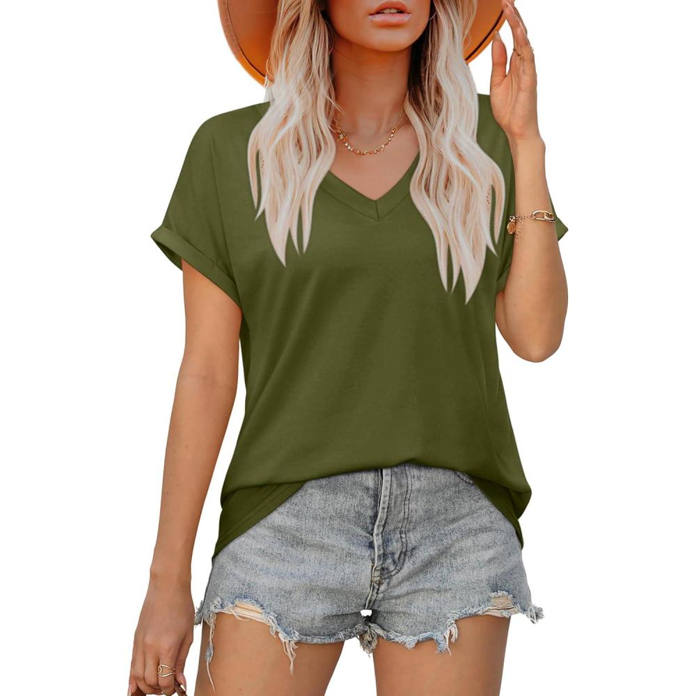 imageXIEERDUO Womens Summer Tops Short Sleeve Shirts Casual V Neck T Shirt Loose Fit ComfyDarmy Green
